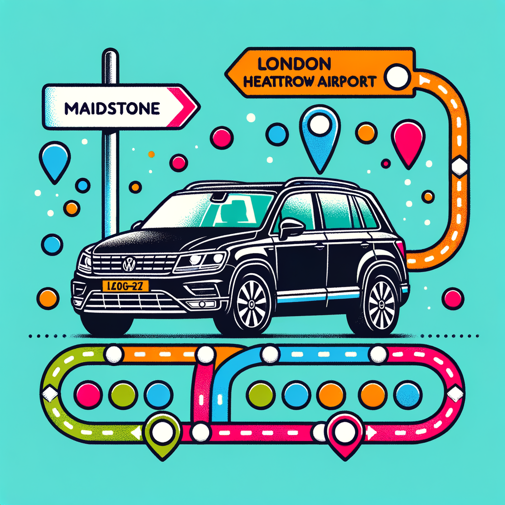 Image that represents a journey from Maidstone in Kent, to London Heathrow airport. Using an image of a Black VW Tiguan to connect the two locations using dots and arrows to show the routing in a fun and funky in style
